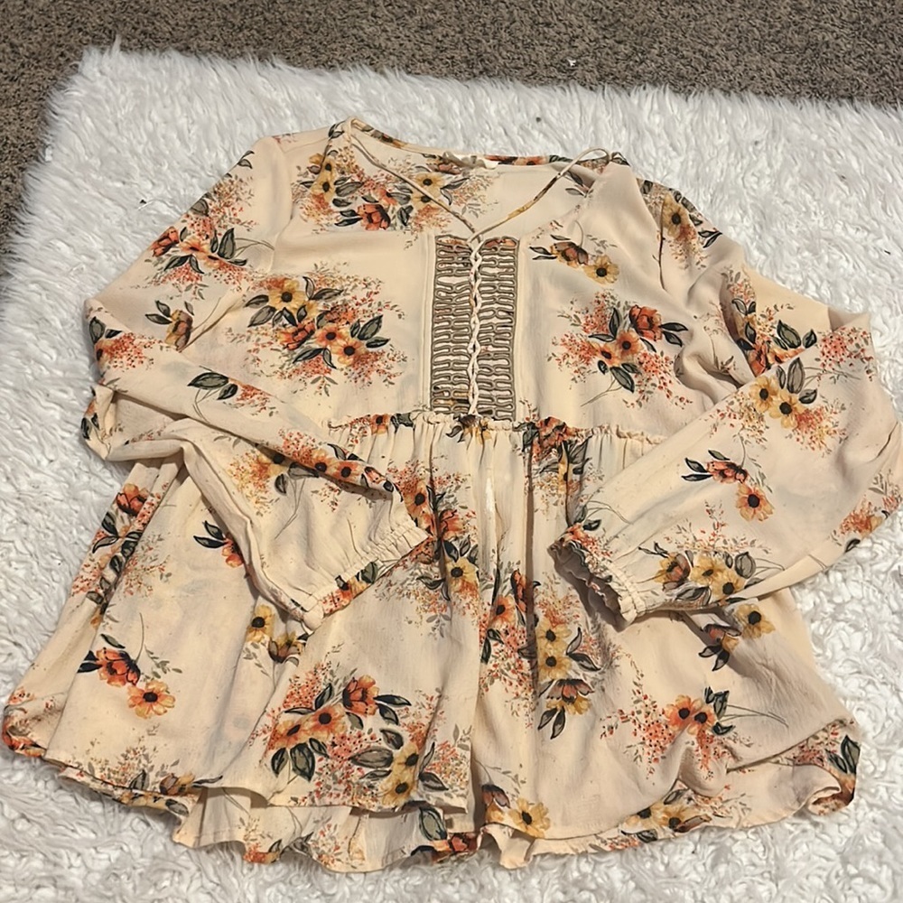 Entro beige floral blouse large boho pheasant Anthropologie ♥️#58